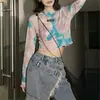 Camiseta Curta de Renda Tie-Dye para Mulheres, Verão 2026, Estilo Picante, Gola Redonda, Cintura Alta, Top Feminino de Manga Curta Slim Fit