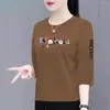 Camiseta de E-commerce Transfronteiriço para Mães de Meia-Idade e Idosas com Manga Sete Pontos Camisa Base Feminina Soltinha para Pessoas Baixas Afinando na Cintura Alta