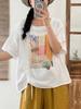 2025 Nuevo Estilo de Verano Doble Capa Hilo de Algodón Cuello Redondo Estampada Manga Corta Camiseta de Mujer Holgada Talla Grande Versátil Top con Cordón