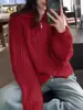 Cárdigan Grueso de Doble Capa 100% Lana Pura para Mujer, Abrigo de Punto para Otoño e Invierno de Cuello Alto con Cremallera Doble y Patrón Trenzado de Manga Larga