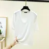 Camiseta Modal Nova Patchwork Gola V Manga Cinco Pontas Feminina Verão Tamanho Grande Elástica Camada Base Solta Casual
