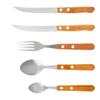 Conjunto de talheres de cinco peças com cabo de aço inoxidável, incluindo faca, garfo e colher. Ideal para restaurantes e hotéis. Novo design criativo com cabo de madeira.
