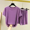Traje de punto para mujer de verano, cuello redondo, manga corta, hilo floral, pijama suelto, fino, talla grande, shorts, traje casual de dos piezas