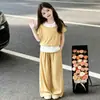 Conjunto de Verão Manga Curta para Meninas 2026 Novo Moda Estilosa Infantil Calças Meninas Crianças Mais Velhas Estilo Coreano Camiseta Falsa de Duas Peças