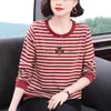 Nova Camiseta Listrada de Manga Longa da Moda de Outono da Mamãe para Mulheres, Camisa Básica Elegante com Strass de Caimento Solto para Meia-Idade e Idosos