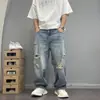 Estilo Americano Fritos Calle Moda Marca Sueltos Rectos Rasgados Primavera Otoño Parche Jeans Hombre Retro Viejo Harlan Pantalones Cónicos