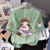 Camiseta de Algodão Puro Manga Curta para Meninas Verão Novo Estilo Doce e Fofa Estampa de Desenho Animado Camiseta da Moda para Crianças de Meia-Idade e Mais Velhas, Blusa Solta Versátil