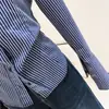 Camisa a Rayas de Manga Larga con Cuello Polo Azul para Mujer, Nuevo Otoño 2026 Estilo Francés Chic Camisa Cardigan Ceñida a la Cintura