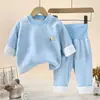 Conjunto de ropa térmica de forro polar grueso de doble cara para bebé, de cintura alta, protector de barriga, no restrictivo, estilo cárdigan, conjunto de ropa interior de capa base para otoño e invierno para lactantes