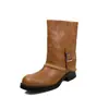 Botas de tornozelo femininas em couro genuíno, com bico redondo, cano de altura média e salto grosso médio, perfeitas para outono e inverno. Estas botas estilo western são feitas de couro bovino de flor integral.