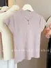 Design Elegante e Puro de Caimento Justo com Mangas Curtas Volantes e Gola Meia-Alta em Tricô, Novo para a Primavera, Estiloso e Emagrecedor, Top Casual Simples
