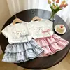 Conjunto Estiloso de Verão com Camiseta Manga Curta Fina e Saia Plissada Curta para Bebês Meninas 2026 Novo Conjunto de Duas Peças com Camiseta de Desenho Animado