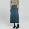 Popular Falda de Largo Medio con Control de Abdomen y Abertura Frontal, Diseño 2025 Azul Claro Botón Falda de Mezclilla Adelgazante para Mujer