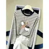 Camiseta de Manga Larga a Rayas Colorblock Hombro Normal 100% Algodón Moda Femenina Versátil Base Azul Marino Otoño