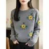 Suéter de tricô feminino doce com bordado floral estilo coreano, gola redonda, manga longa, quente e rejuvenescedor, para a Primavera/Outono/Inverno de 2026