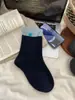 Calcetines de Lana Gruesa con Lazo Azul Marino Combinado Otoño e Invierno para Mujer con Botones Florales Rayados y Pequeñas Etiquetas de Tela, Calcetines Cálidos de Media Pantorrilla