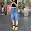 Shorts jeans feminino de perna reta, novo estilo de verão, cintura alta, modelagem solta, emagrecedor, corte A, perna larga, comprimento médio para meninas baixinhas