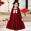 Vestido para meninas, novos estilos outono/inverno, para crianças mais velhas, adequado para festas de aniversário e apresentações, roupa vermelha de Ano Novo infantil, vestido de princesa