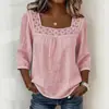 2026 Nuevo Verano Color Sólido Casual Cuello Cuadrado Adorno de Encaje Manga Tres Cuartos Algodón Lino Manga Corta Top para Mujeres en Amazon