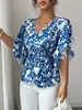 Otoño 2026 Nuevo Camisa Corta Floral con Cuello en V y Cintura Fruncida Elegante Casual Atuendo para Vacaciones y Citas