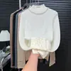 Diseño de cadena perforada, textura de ganchillo, cuello semi-alto, capa base de punto, top elegante y versátil de manga larga para otoño e invierno para mujer