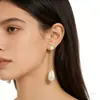 Pendientes de Acero de Titanio y Perla Europeos y Americanos Transfronterizos para Mujer, Pendientes Largos Elegantes, Pendientes de Acero Inoxidable 18K con Forma de Concha para Mujer