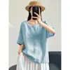 Atuendo moderno y juvenil estilo dopamina: nueva camiseta de punto de manga tres cuartos, ropa de mujer de talla grande de algodón puro, top de manga media de algodón y lino