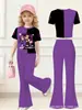 Conjunto de duas peças estilo rua para menina grande com estampa fofa, top de manga curta estilo coreano em desenho animado de seda de leite e calça boca de sino