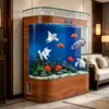 Nuevo acuario de cristal ultra transparente, tamaño mediano a grande, para uso doméstico en la sala de estar, montado en la pared, acuario de forma curva, no necesita cambios de agua, tanque grande curvo de pie