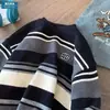 Suéter Pulóver de Cuello Redondo para Primavera y Otoño Estilo Universitario Nuevo Otoño e Invierno Holgado Rayado de Color de Contraste Suéter de Punto Básico para Pareja