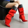Botas Empilhadas de Dois Caminhos com Patch de Botão Nova Coleção Primavera/Verão 2026 Botas de Moda de Salto Alto Estilo Garota Apimentada Bico Fino Feminino Salto Agulha Botas Longas