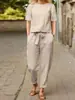 Traje de Verano de Algodón y Lino para Mujer Transfronterizo 2024 a Juego de Manga Corta Cuello Redondo Blusa Oversize Pantalones de Pierna Ancha Conjunto Retro de Dos Piezas