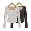 Camiseta blanca de manga larga con encaje y cuello en U para mujer, adecuada para verano y otoño, corte ajustado, elegante, top básico puro y sexy