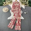 Conjunto de Camisa com Mangas Bufantes Estampadas Estilo Retrô Transfronteiriço Proteção Solar com Gola Lapela Cintura Ajustada + Calça Wide Leg de Cintura Alta Emagrecedora