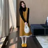 Roupas de maternidade para outono e inverno: Conjunto de duas peças: saia de suspensório com pérolas + camisa base de gola alta, saia longa de lã que esconde a barriga e emagrece