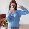 Suéter Feminino de Tricô de Mohair com Gola V Estilo Francês Outono Inverno Novo Fino OVERSIZE Tricô Vazado Top