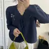 Estilo Coreano Estilo Suave Outono e Inverno Novo Retro Bordado Pesado Gola V Suéter Curto Cardigã de Tricô Redutor de Idade Feminino