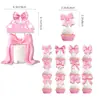 Banner de Decoração de Festa de Aniversário Tema Menina Laço Rosa Bandeirinha de Bolo Balão Terno Coquette