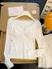 Blusa Casual de Manga Larga con Parches de Encaje de Lunares Nueva para Mujer