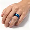 Anel de Aço Inoxidável Escovado Azul Safira de 8mm para Homens, Versão Larga com Bordas Polidas Foscas, Aliança Lisa de Aço Titânio, Simples e Não Desbota, Estilo Único