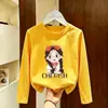 Camiseta estampada de manga comprida 100% algodão para meninas, novo estilo primavera e outono 2026, camiseta básica infantil de tamanho médio e grande, top infantil de desenho animado ins