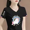 Comércio Exterior Transfronteiriço Último Estoque Grande Marca Etiqueta Cortada Manga Curta Camiseta Feminina Verão Solta Casual Petite Decote V Meia Manga