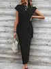 Vestido Largo Rayado de Cuello Redondo y Manga Corta con Cinturón Estilo Elegante Transfronterizo Vestido de Verano para Mujer