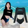[5 Colores] Nuevo Estilo Ins Sencillo de Manga Larga Protector Solar Traje de Baño Pura Deseo Color Puro Cintura Alta Sexy de Vacaciones Traje de Baño de Dos Piezas