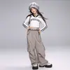 Roupas de Performance de Dança Jazz para o Dia de Ano Novo Meninas com Barriga de Fora Estilo Coreano Jazz Terno de Calça Cargo Cinza Hip-Hop Roupas da Moda para Crianças
