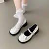 Sapatos Mary Jane Retrô de Salto Grosso para Mulheres 2024 Novo Estilo Laço Sapatos de Salto Único JK Japonês Tira Preta Sapatos de Couro