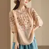 Camisa de Algodón Lino Bordada Artística de Manga Corta para Mujer Verano 2026 Nuevo Estilo Holgada Casual Delgada Cuello Redondo Top para Mujer