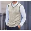 Chaleco de punto sin mangas con cuello en V para hombre de otoño e invierno, suéter cálido, chaleco fino de lana de color liso para hombre