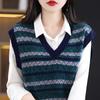 23 Lana Nueva Combinación de Colores Cárdigan Chaleco para Mujer Cuello en V Suelto Rayado Sin Mangas Chaqueta Todo Combinable Ajustado Chaleco de Punto