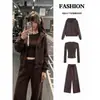 Outono casual esportivo estilo coreano conjunto completo ootd com jaqueta moletom cor café marrom para mulheres, novo modelo 2026